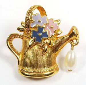 VTG Avon Lapel Pin Flowers Watering Can Gift 1.25"